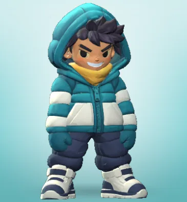 Kofi, the Guardian, a chibi snowballer in a teal hooded puffer.