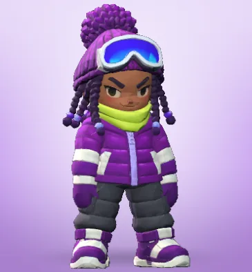 Zola, the Striker, a chibi snowballer in a purple puffer with ski goggles.