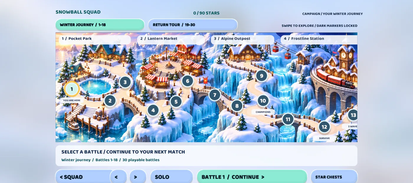 The campaign map: Pocket Park, Lantern Market, Alpine Outpost, Frostline Station and more.